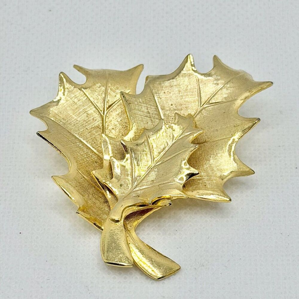 Vintage Triple Layered Leaf Brooch Pin Brushed Gold Tone Textured Fall